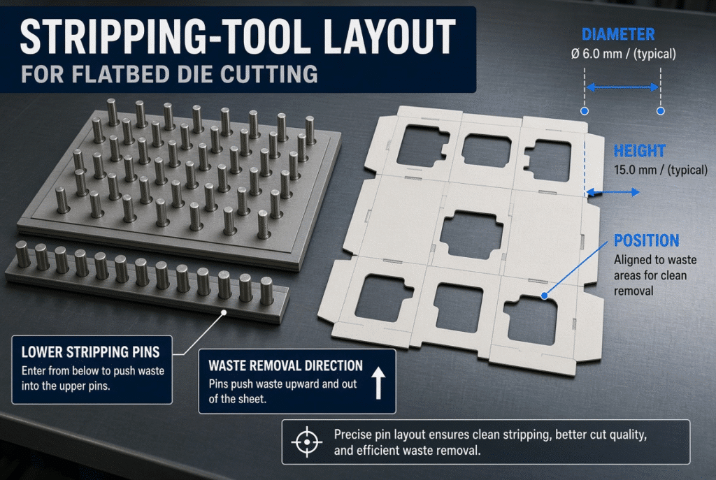 Industrial stripping-tool setup showing upper and lower stripping pins, stripping board and die-cut folding-carton sheet with internal waste areas for waste removal