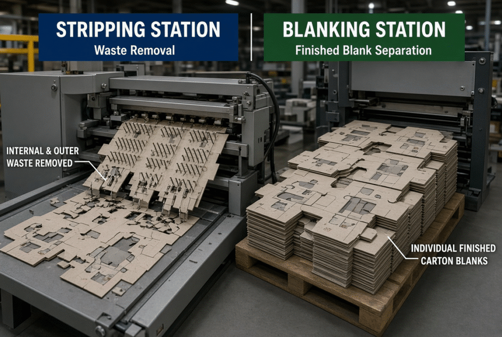Side-by-side industrial view of waste stripping and finished carton blank separation on an automatic flatbed die cutter used in folding-carton packaging production