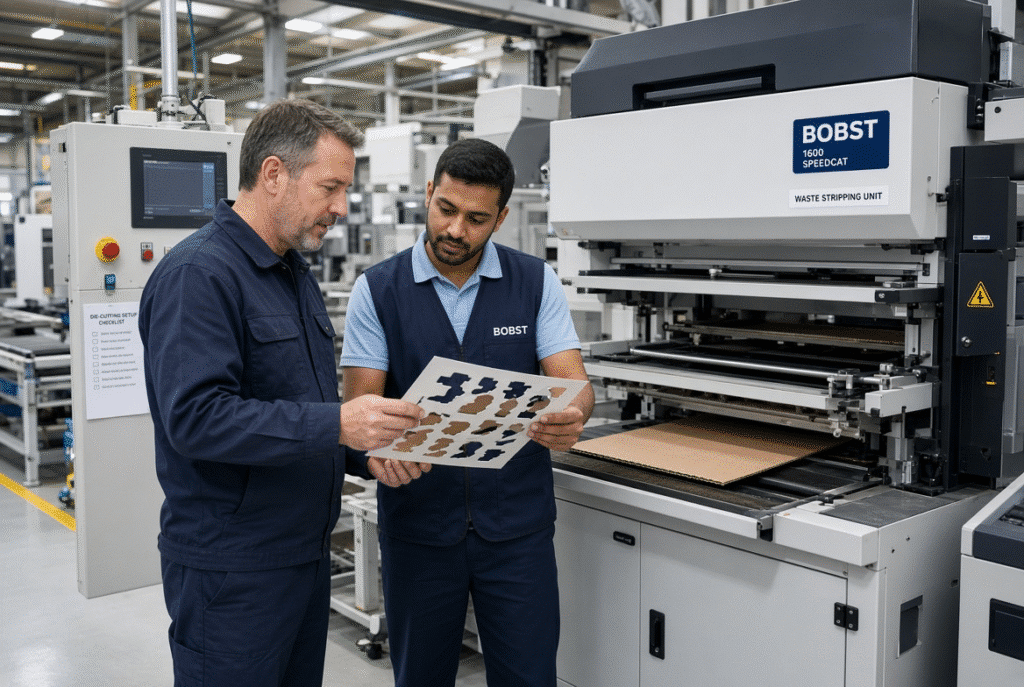 Technician and operator examining stripping tool and processed sheet during commissioning of an automatic die cutting machine with waste stripping