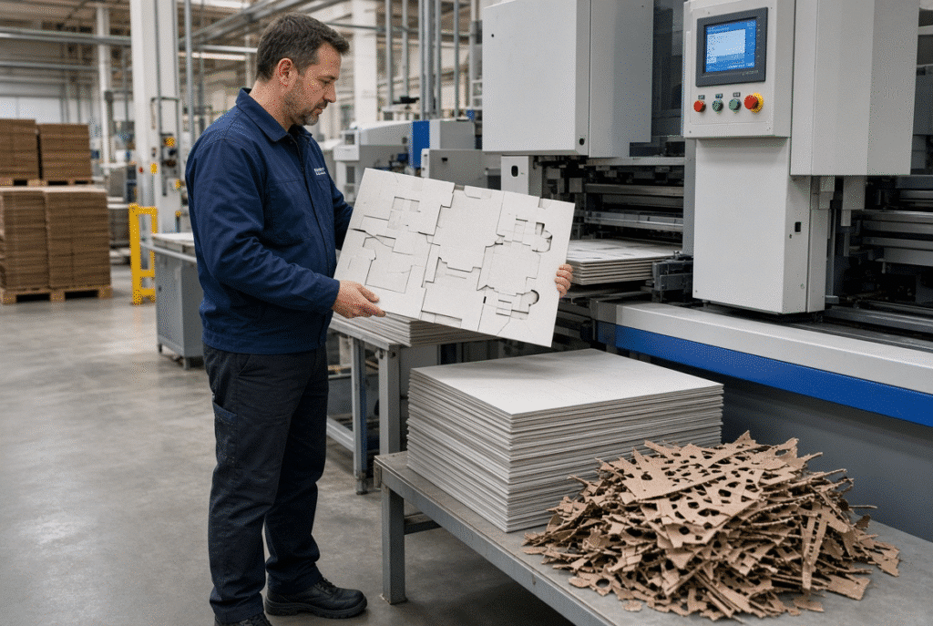 Trained technician safely inspecting finished carton blanks and removed waste from a controlled trial on an automatic flatbed die cutter stripping station