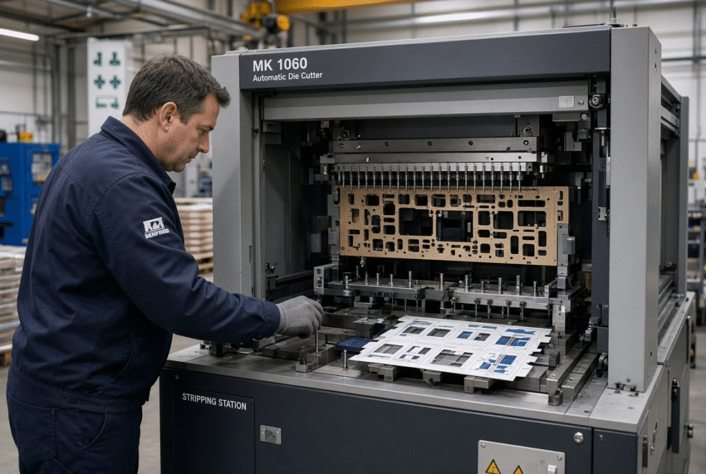 Trained technician aligning central stripping board, upper and lower stripping tools, and pins on an automatic flatbed die cutter for folding-carton waste removal