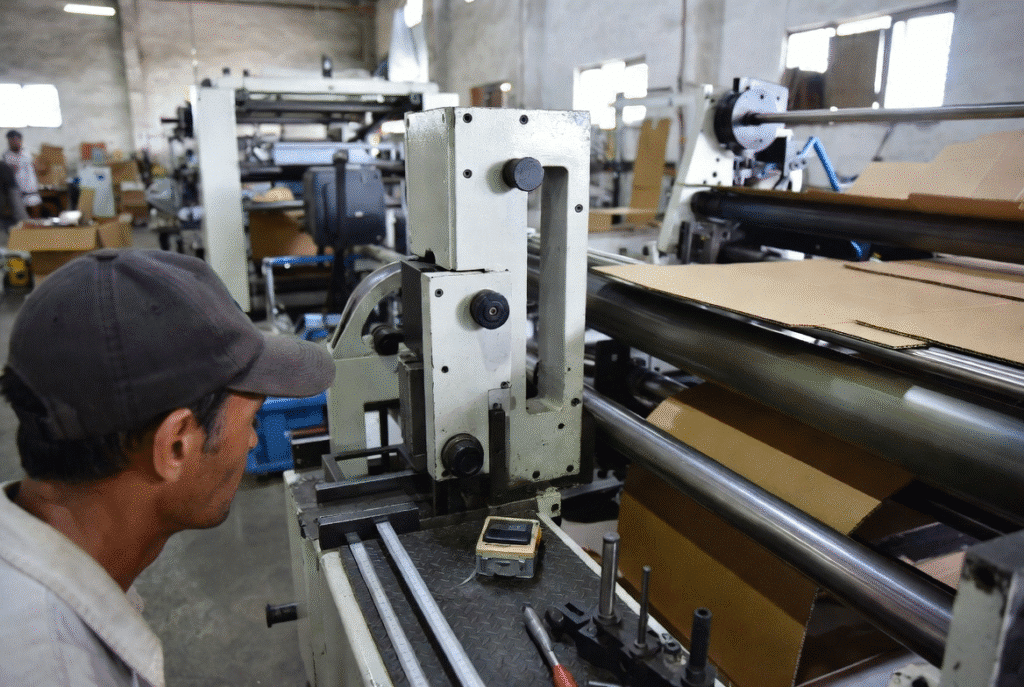 Qualified technician checking feeder suction, sheet registration and running condition of a used automatic laminating machine under partial load with cardboard sheets in a packaging plant