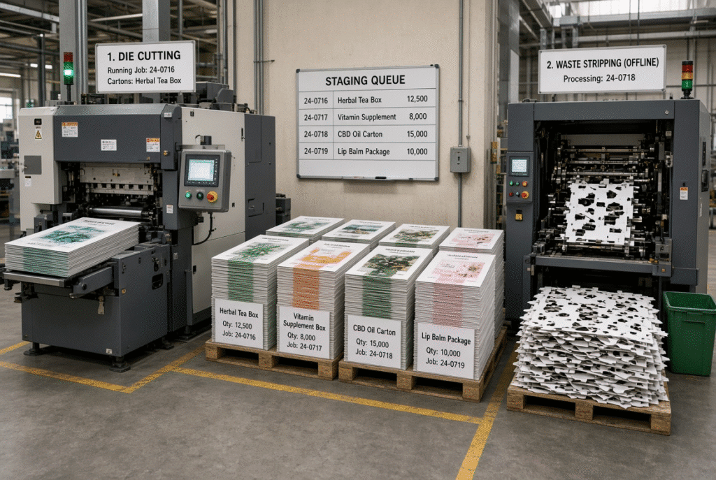 Die-cutting machine delivering stacked sheets, staging area, and separate offline waste stripping machine showing material movement and scheduling steps