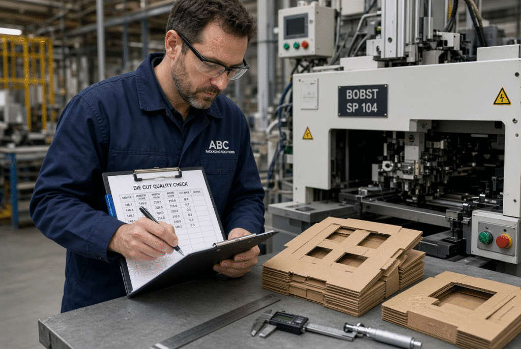 Die-cut packaging sheets stacked beside a press awaiting manual waste removal while operators clear outer and internal waste before downstream folding and gluing