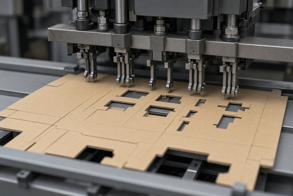 Close view of upper stripping tool with pins and support elements contacting waste zones on a die-cut carton sheet while protecting finished blank edges