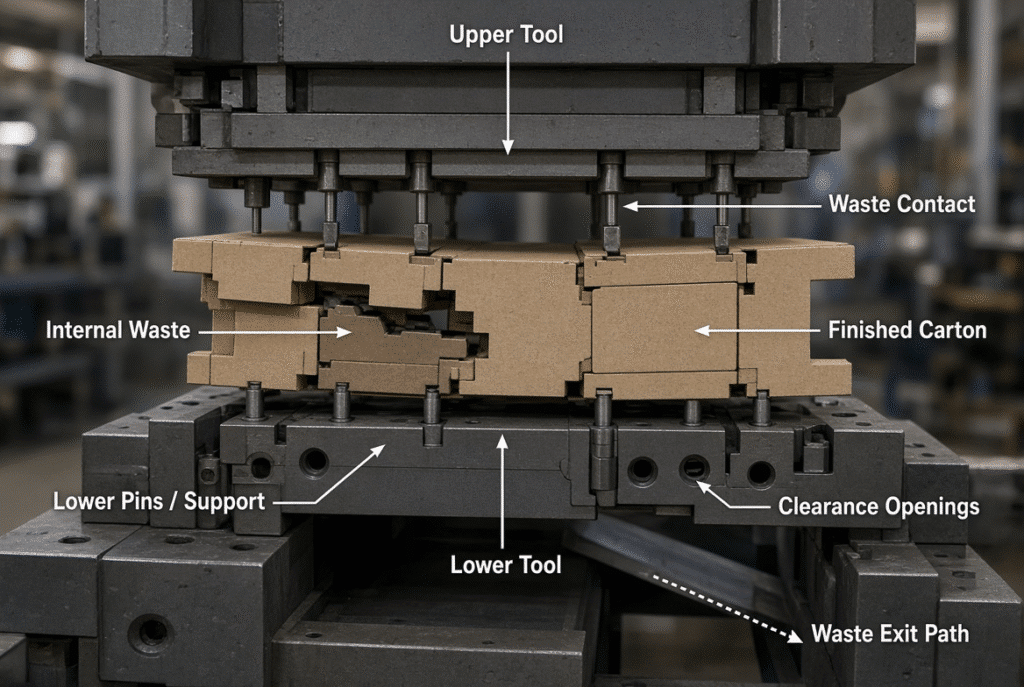 Cross-section view of upper and lower stripping tools working together on a die-cut folding-carton sheet in an automatic flatbed die-cutting stripping station, showing waste contact, clearance path, and protected carton blanks