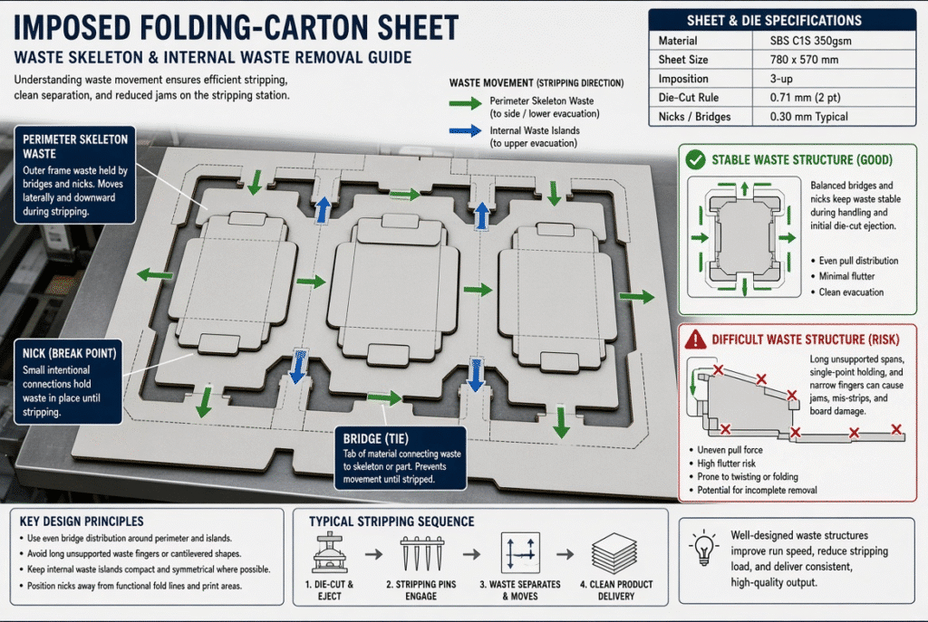 Imposed carton sheet illustration highlighting perimeter skeleton, internal waste islands, bridges, and intended waste-removal paths