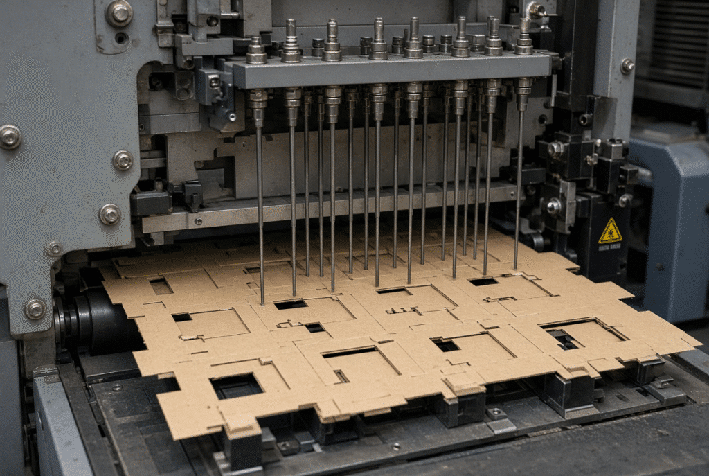 Close-up of stripping frame with plates or needles removing waste skeleton from a die-cut paperboard sheet on an automatic die cutting machine