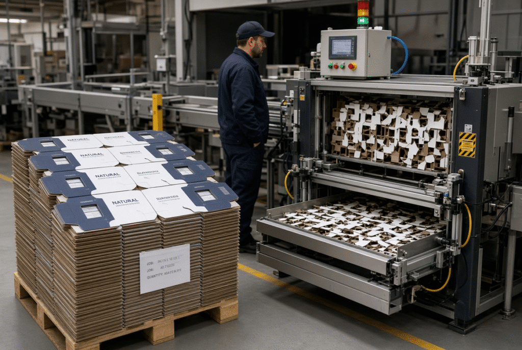 Plate or needle stripping frame positioned over a folding carton die layout to contact only waste areas