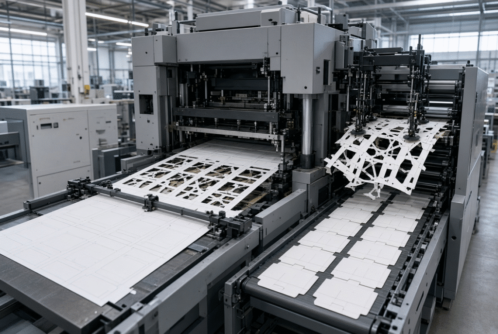 Waste stripping process in an automatic flatbed die cutting machine showing die-cut packaging sheets, waste skeleton, and finished blanks