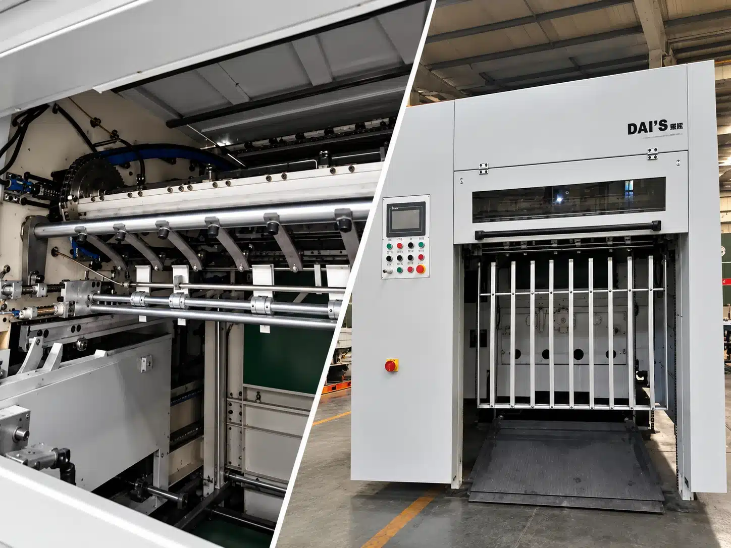 DAIS D1060 semi-automatic die cutting machine delivery system showing internal sheet delivery mechanisms and the paper collection area with receiving table.