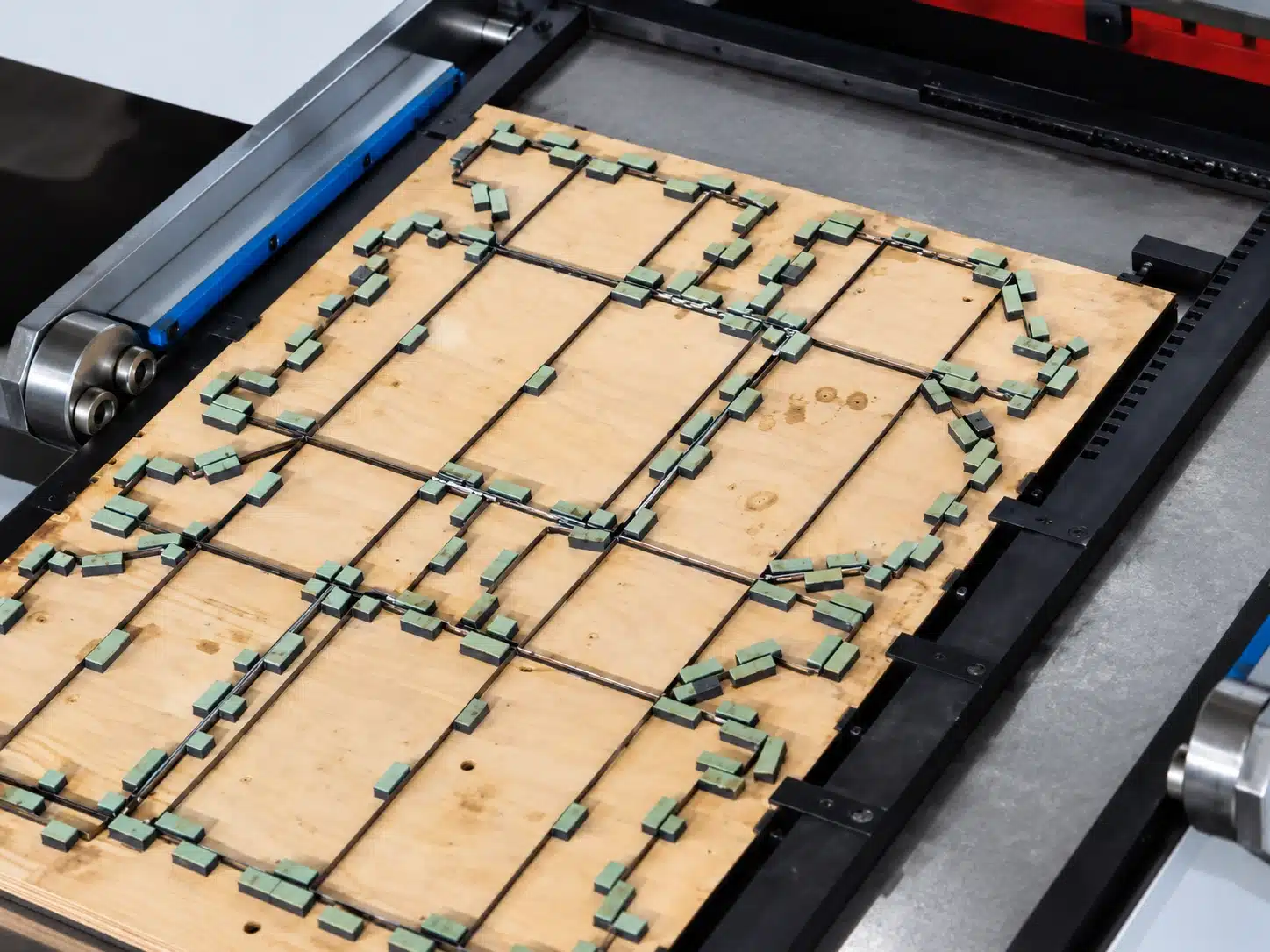 Die cutting plate installed in the DAIS D1060 semi-automatic die cutting machine, showing the cutting rule layout and rubber ejection strips.