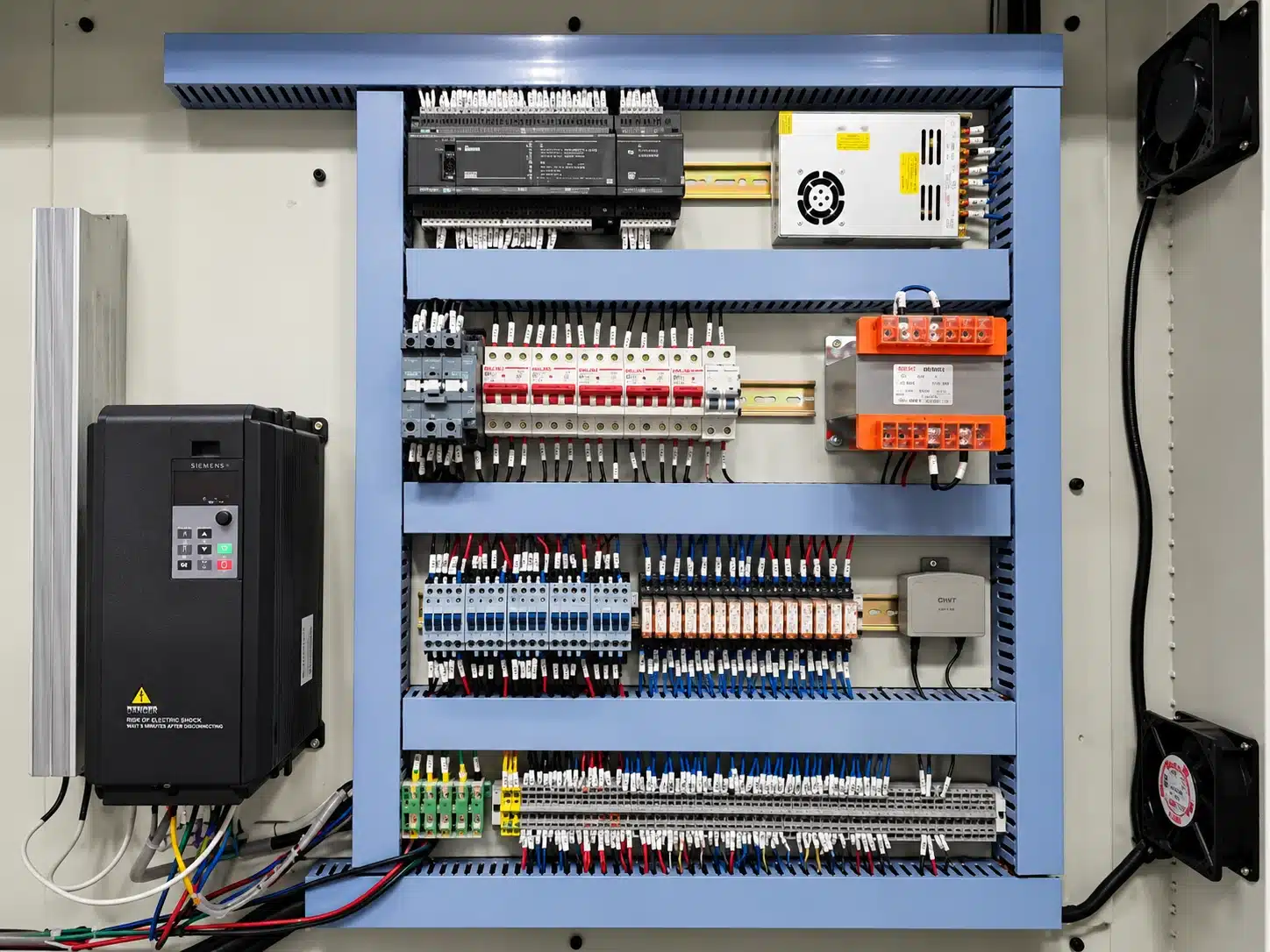 DAIS D1060 semi-automatic die cutting machine electrical control cabinet with PLC controller, Siemens inverter, circuit breakers, relays and organized wiring.