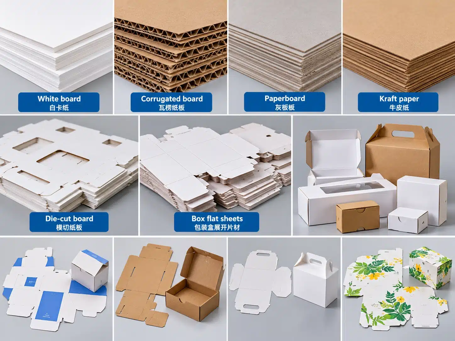 Material applications of the DAIS D1060 semi-automatic die cutting machine, including white board, corrugated board, die-cut paperboard and packaging box blanks.