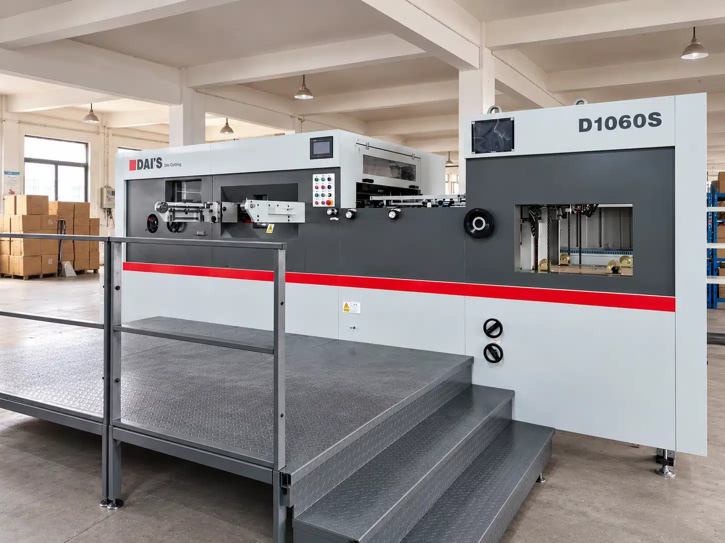 DAIS D1060S Automatic Die Cutting Machine with Working Platform and Safety Guardrails in Factory