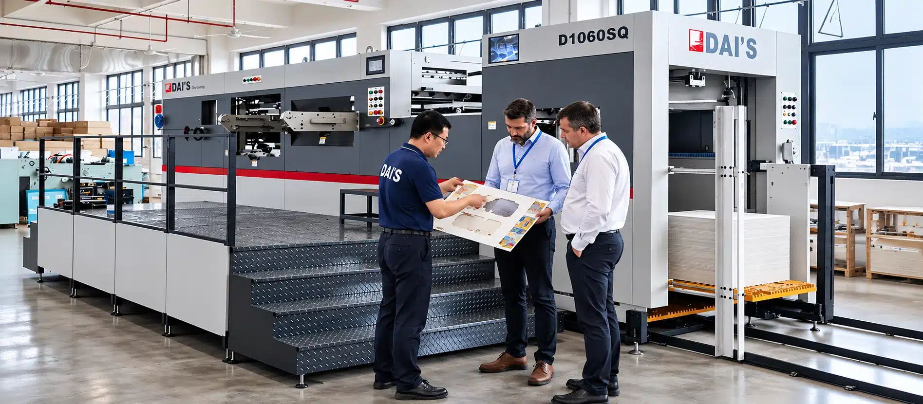 DAIS Engineer Explaining D1060SQ Automatic Die Cutting and Stripping Machine Features and Production Solutions to Customers